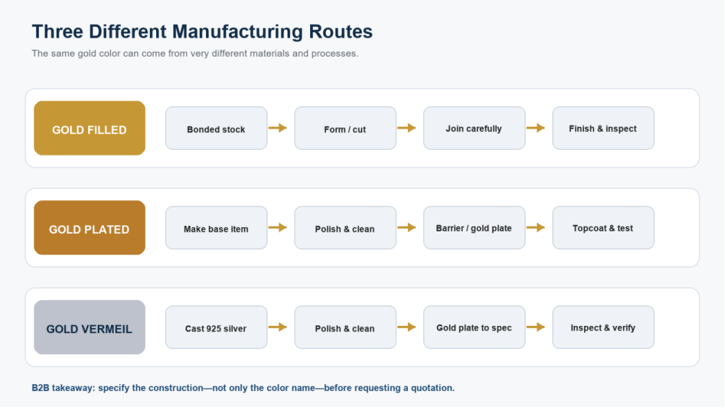 Gold-Finish Jewelry Manufacturing Routes B2B jewelry manufacturing process comparison for gold filled, gold plated, and gold vermeil products