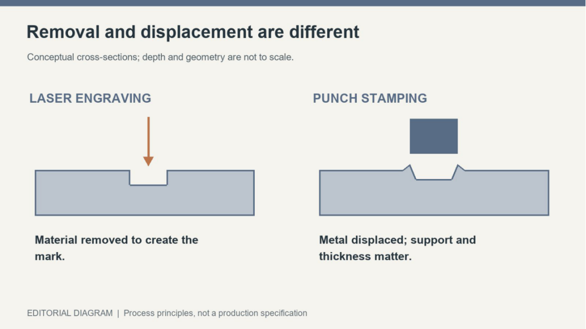 Removal versus displacement Schematic comparing material removal in engraving with displacement from a struck punch