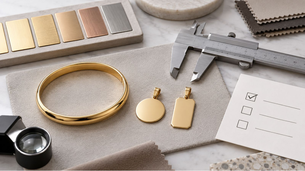 Gold Jewelry Sample Review and Finish Control Jewelry sample review with measurement and finish-comparison tools