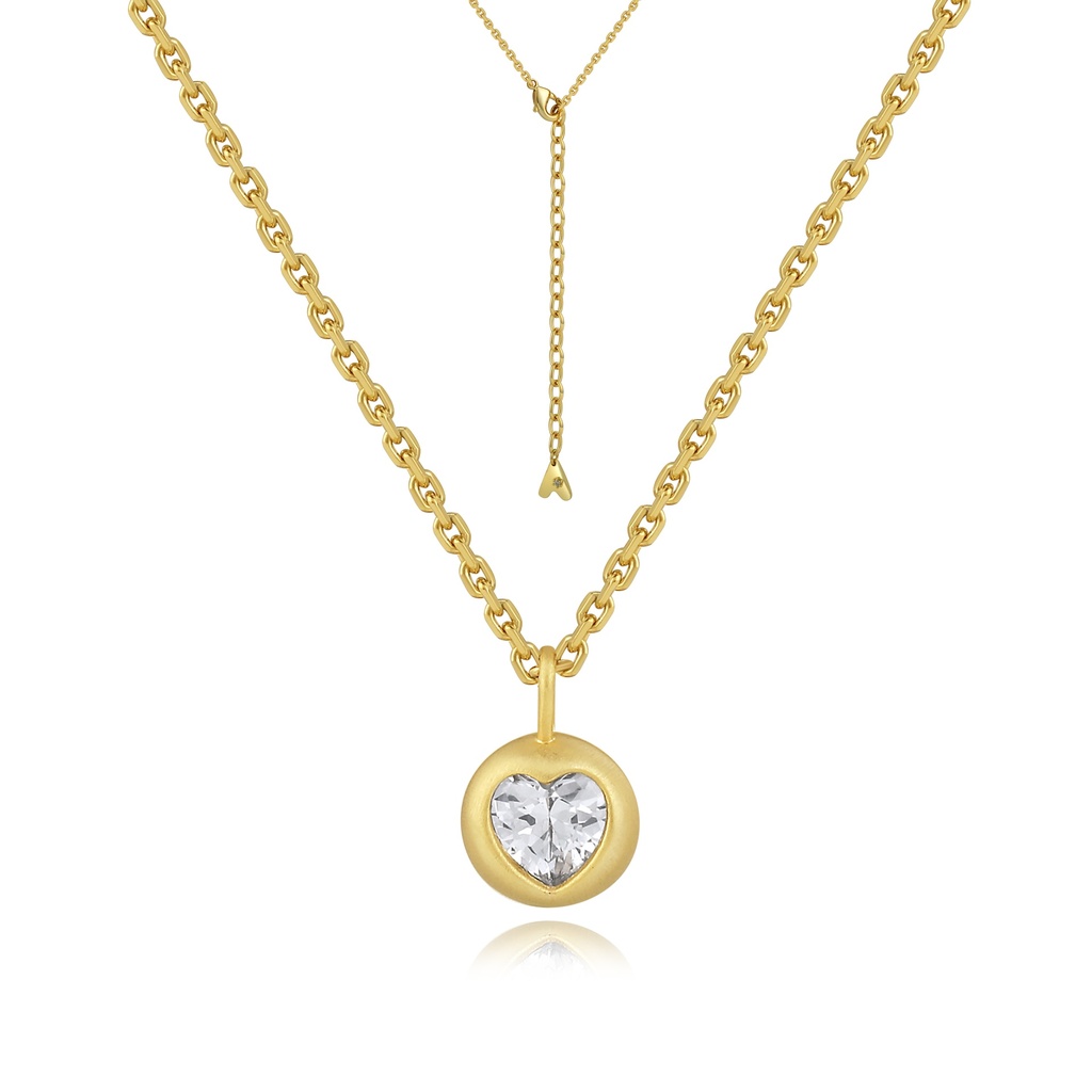 Gold Brass Heart Crystal Pendant Necklace with Simple Chain