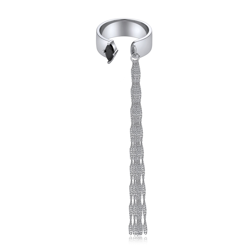 Ear Cuff: Silver Brass Ear Cuff with Black Gem and Chain Tassel
