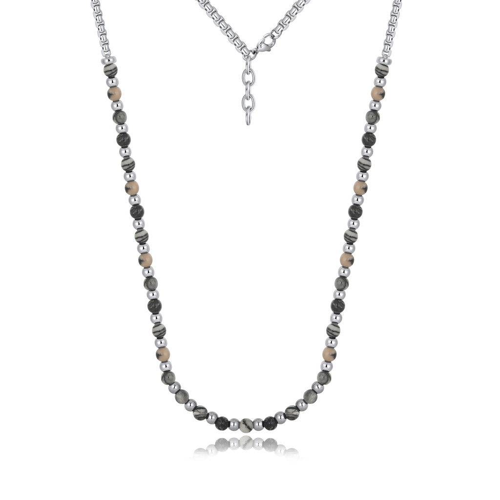 Striped Jasper Hematite Stainless Steel Chain Beaded Necklace Men Women