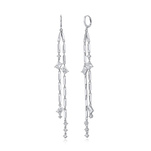 [BJ01E0221-1] Elegant Silver Chain Drop Earrings with CZ Crystals
