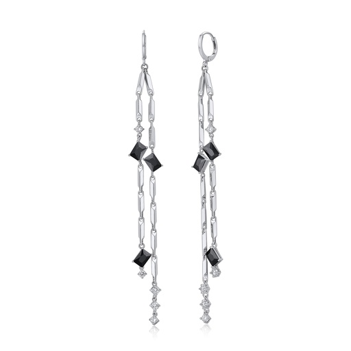 [BJ01E0221-2] Silver Chain Dangle Earrings with Black CZ Accents