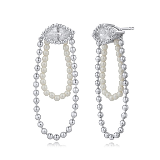 [BJ01E0223-1] Marquise Zircon and Faux Pearl Beaded Hoop Drop Earrings
