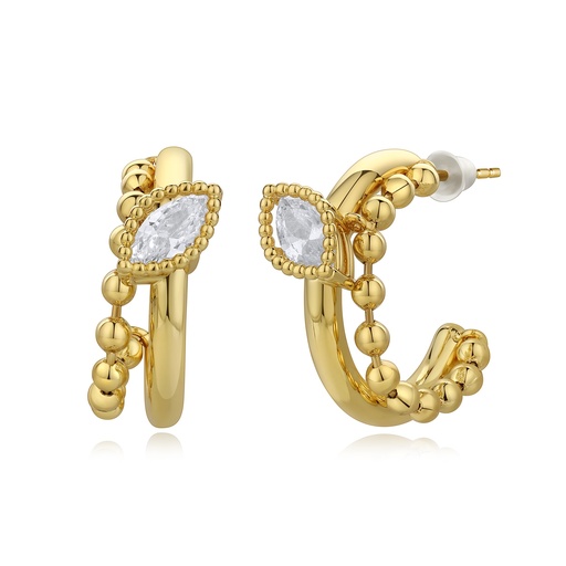 [BJ01E0225-2] Gold Plated Marquise Zircon Beaded Hoop Earrings
