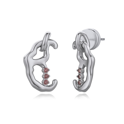[BJ01E0243] Sculptural Silver Hoop Earrings with Pink Gemstone Detailing