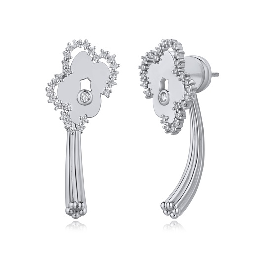 [BJ01E0305] Delicate Floral Silver Drops with Crystal-Studded Petal Details