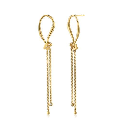 [BJ01E0311] Elegant Gold Loop Earrings with Dangling Chains and Flower Charms