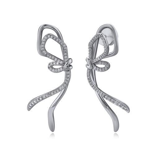 [BJ01E0323] Pearl Embellished Ribbon Stud Earrings with Sparkling Stones
