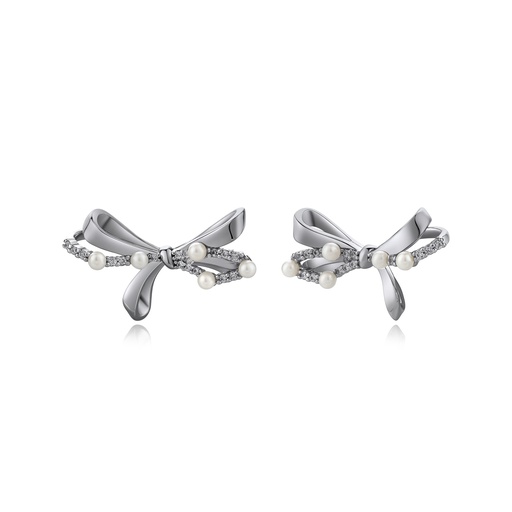 [BJ01E0326] Pearl Embellished Ribbon Stud Earrings with Sparkling Stones