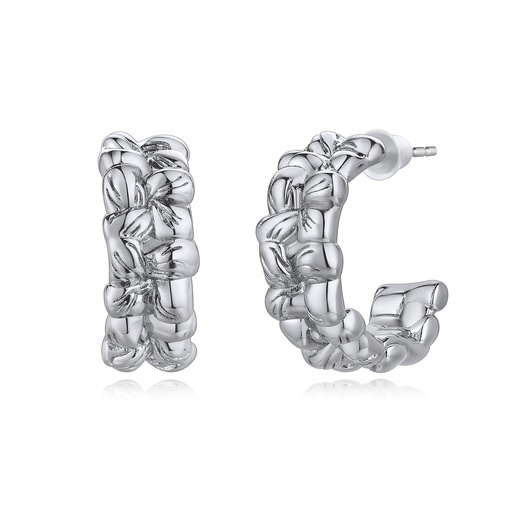 [BJ01E0341-2] Silver Floral Pattern Hoop Earrings in Braided Design