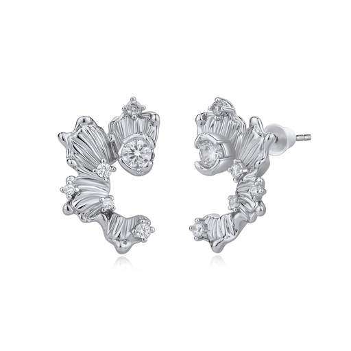 [BJ01E0348] Silver Textured Leaf-Shaped Earrings with Zircon Accents