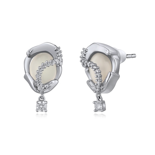 [BJ01E0349] Silver Oval Moonstone Stud Earrings with Cubic Zirconia Dangle