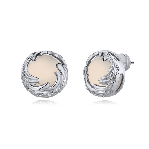 [BJ01E0351-1] Round Cream Stud Earrings with Leafy Silver Frame