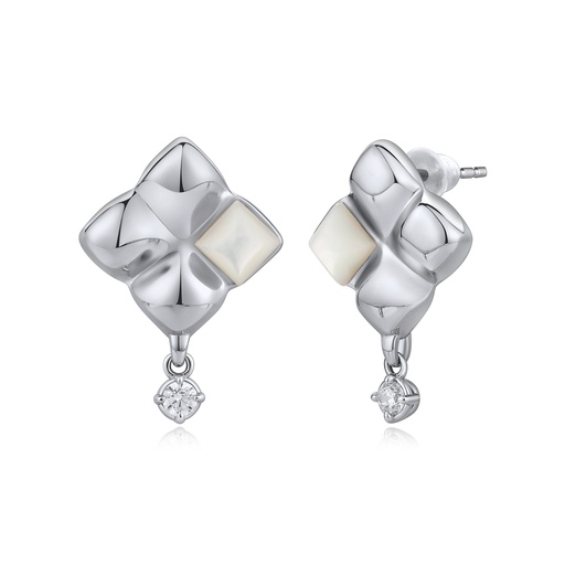 [BJ01E0370-2] Elegant silver floral earrings with pearl and crystal details.