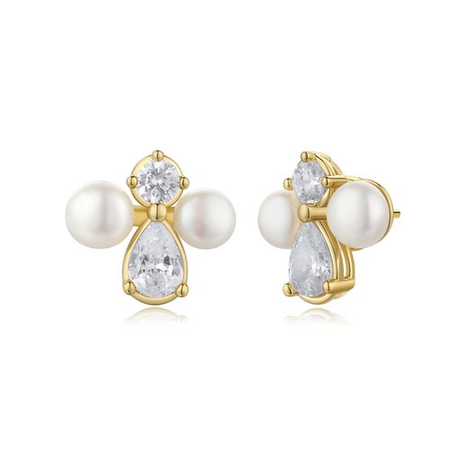 [BJ01E0372] Classic pearl and crystal studs in elegant gold setting.