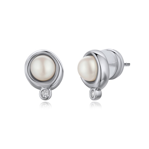 [BJ01E0374] Modern silver pearl studs with sparkling lab-grown diamond-like detail.