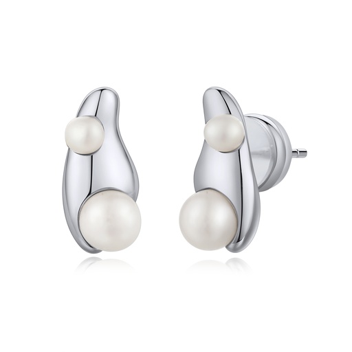 [BJ01E0390] Sculptural Silver Brass Earrings with Dual Pearl Accents
