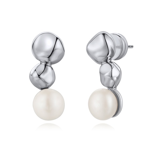 [BJ01E0392] Organic Silver Brass Stud Earrings with Bold Pearl Detail