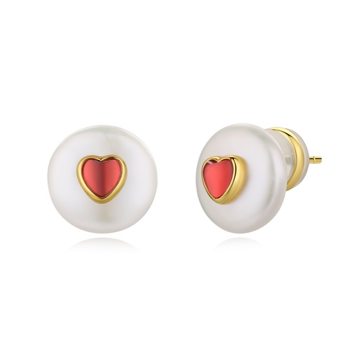 [BJ01E0480] Heart-Inset Mother-of-Pearl Stud Earrings