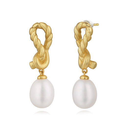 [BJ01E0487] Matte Gold Braided Knot Earrings with Pearls