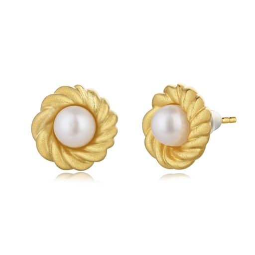 [BJ01E0491] Pearl Centered Swirl Stud Earrings in Brass