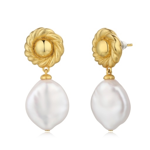 [BJ01E0492] Drop Earrings with Baroque Pearl and Brass Twist