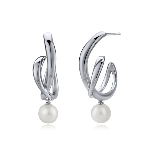 [BJ01E0513] Silver-Tone Sculptural Hoops with Pearl Drop