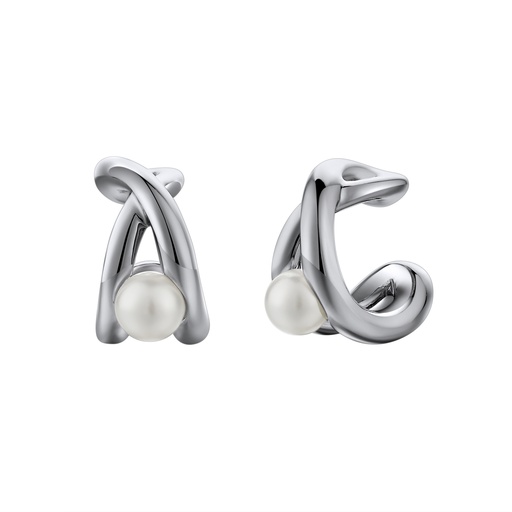 [BJ01E0526] Silver Criss-Cross Pearl Earrings in Sculptural Brass