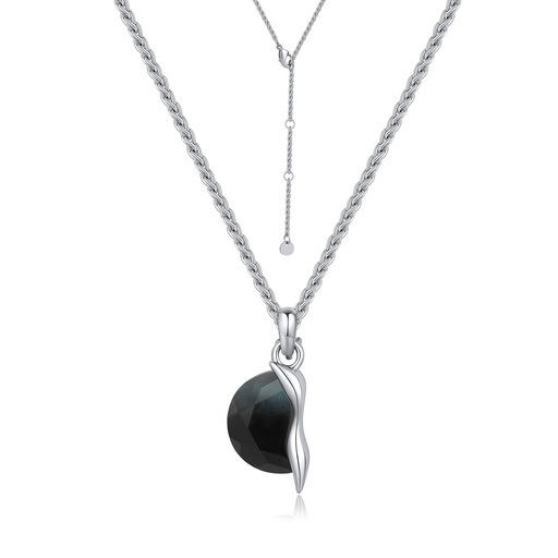 [BJ01N0067] Silver Brass Necklace with Large Black Stone Drop Pendant