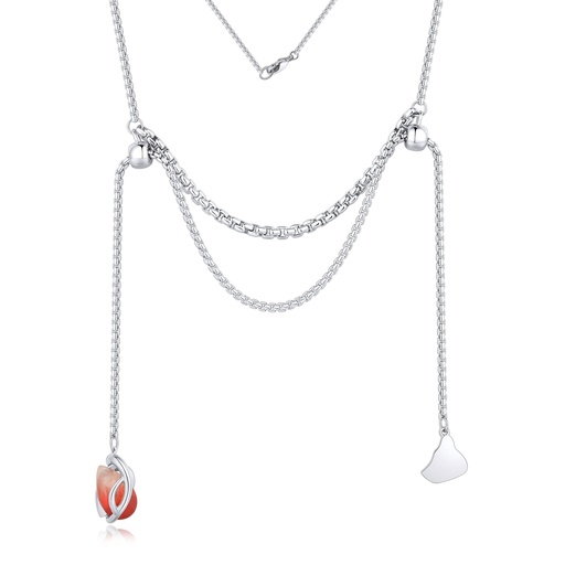 [BJ01N0070] Layered Adjustable Brass Necklace with Red Stone and Charms