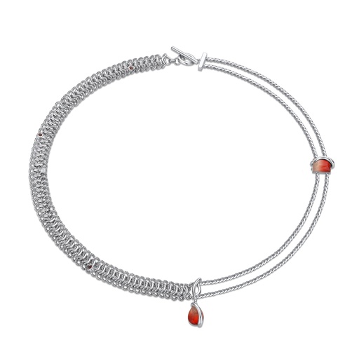 [BJ01N0073-2] Textured Chain Bracelet with Fiery Red Gem
