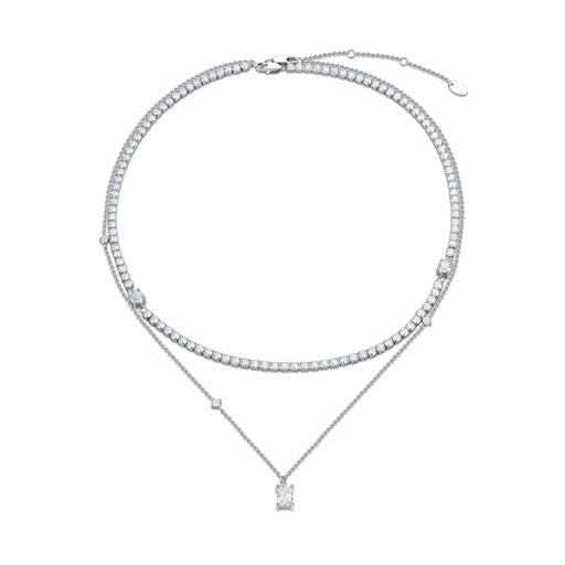 [BJ01N0098 -1] Double-Layer Rhinestone Tennis and Solitaire Pendant Necklace