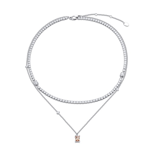 [BJ01N0098] Layered Chain and Pearl Necklace with Pink Moon Pendant