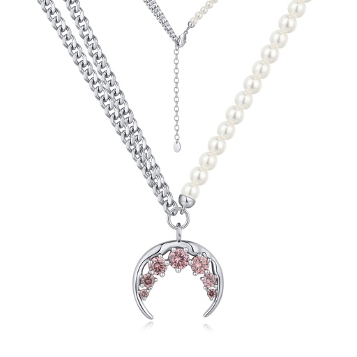 [BJ01N0100] Layered Chain Pearl Necklace with Pink Crystal Crescent Charm