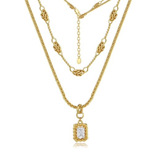 [BJ01N0117] Layered Gold Rope Chain Necklace with CZ Pendant Charm