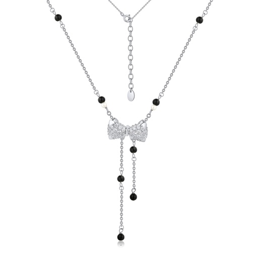 [BJ01N0132] Silver Brass Bow Pendant Necklace with Black Beads