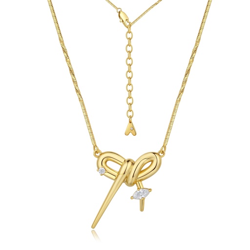[BJ01N0133] Gold Brass Ribbon Knot Necklace with Cubic Zirconia