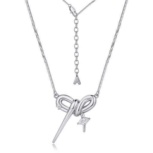[BJ01N0133-1] Silver Ribbon Knot Necklace with Cubic Zirconia Charms