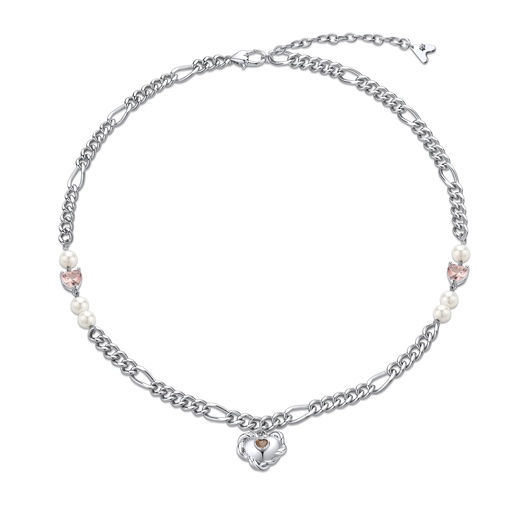 [BJ01N0161] Chunky Heart and Pearl Chain Necklace with Pink Accents