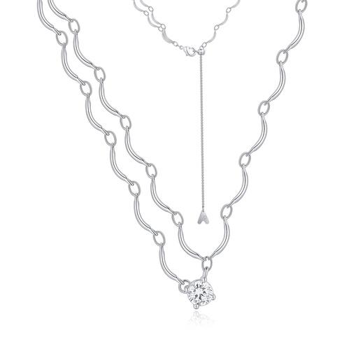 [BJ01N0168-1] Elegant Double Wavy Chain Necklace with Solitaire Crystal