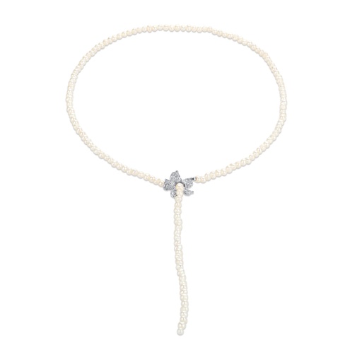 [BJ01N0178-1] Pearl Choker Necklace with Silver Bow Accent Drop
