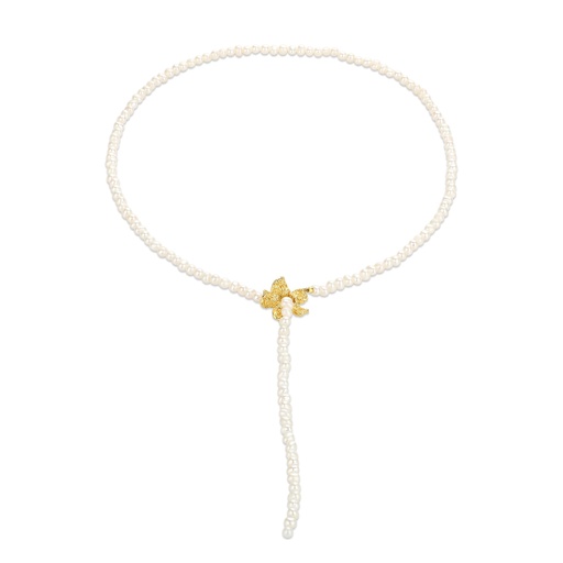 [BJ01N0178-2] Pearl Choker Necklace with Gold Bow Accent Drop