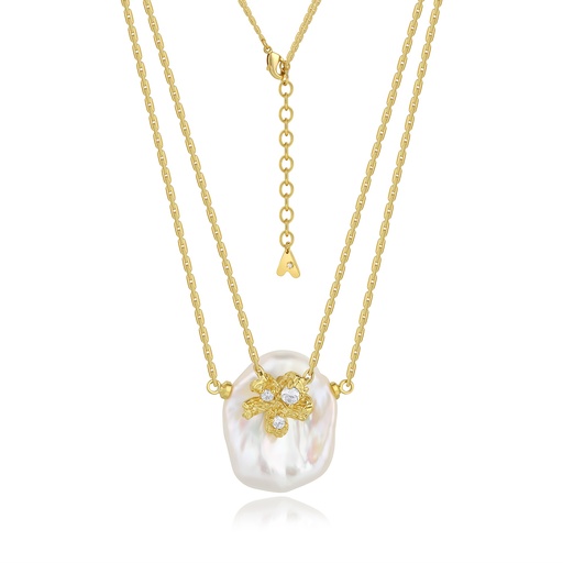 [BJ01N0179-2] Layered Chain Necklace with Irregular Pearl and Gold Bow