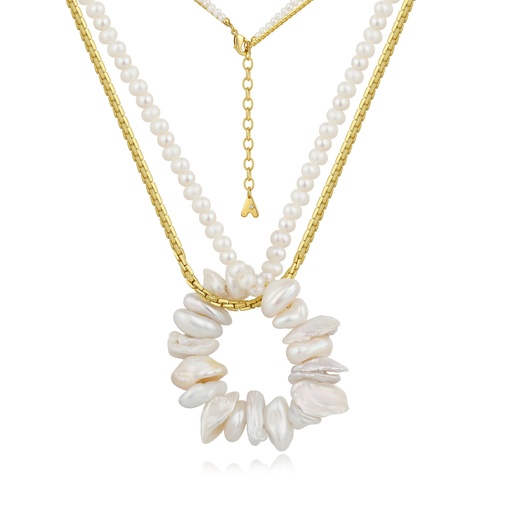 [BJ01N0180] Elegant layered necklace with pearls and gold shell pendant