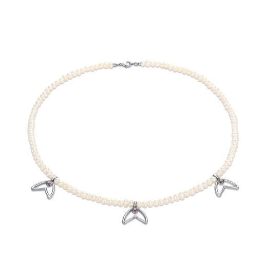 [BJ01N0184] Dainty pearl choker with silver whale tail pendants