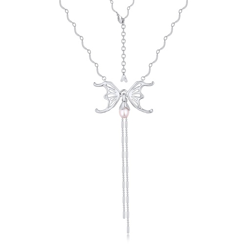 [BJ01N0185] Elegant silver butterfly necklace with pearl and chain drops