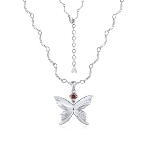 [BJ01N0186] Striking silver butterfly pendant necklace with red gemstone detail