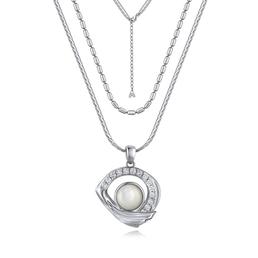 [BJ01N0192-1] Elegant Layered Silver Brass Necklace with Pearl and Crystals